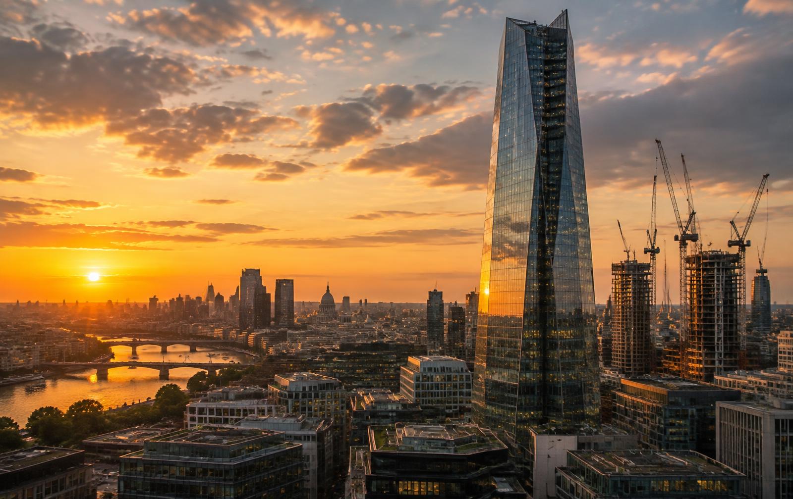 Modern commercial towers and new construction at sunset