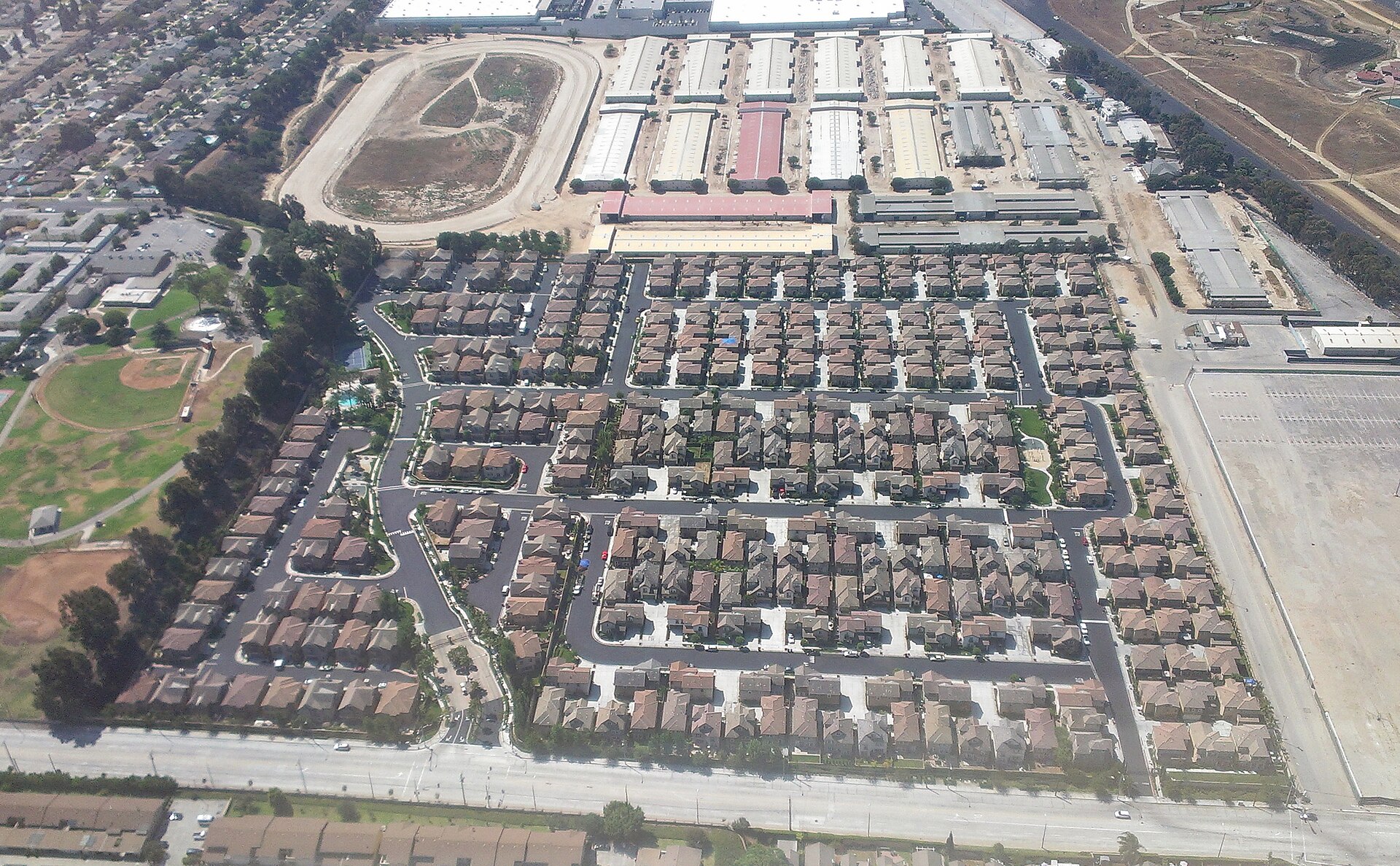 Aerial view of a dense residential subdivision near Los Angeles.