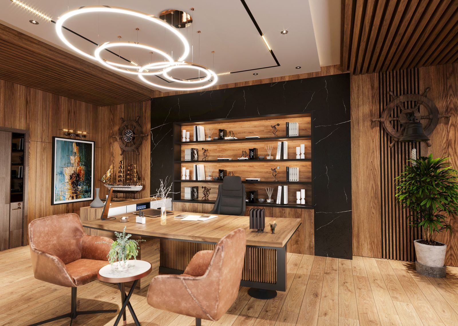 An executive walks into a quiet, sunlit conference room toward an empty boardroom table.