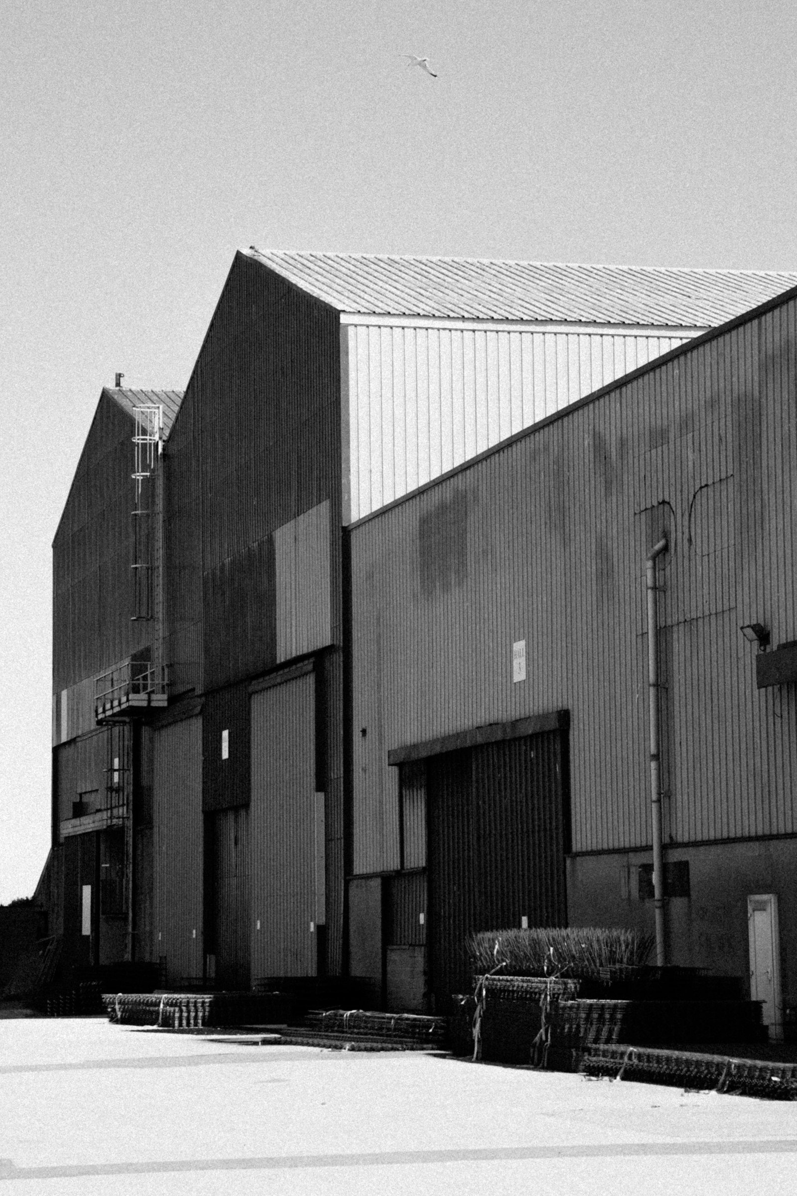Exterior of a large modern distribution warehouse featuring multiple loading docks and semi-trucks.